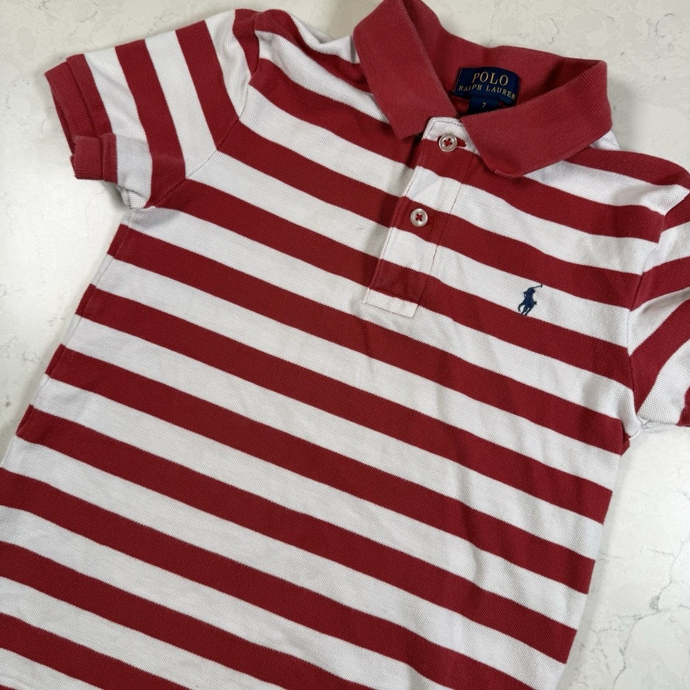 Ralph Lauren Polo Short Sleeve Collared Shirt Boys 7 Red White Stripes Blue Pony
